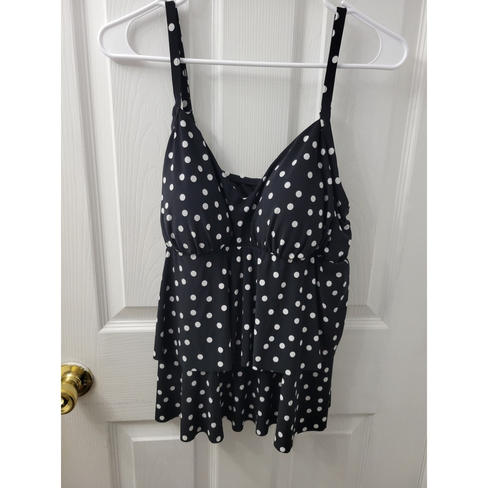Trimshaper Womens Polka Dot Tiered Ruffle Tankini Top Black White Size 16 NWT